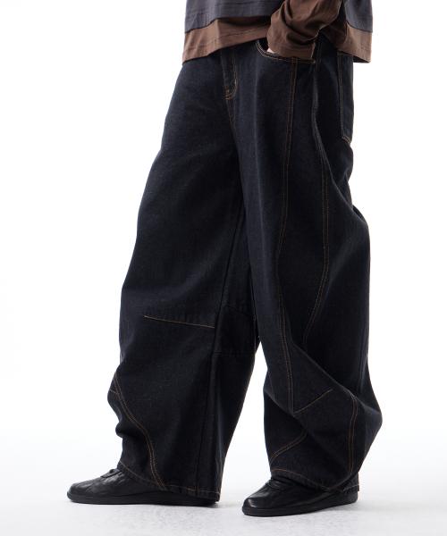 스플릿 아크 커브드 흑청 데님팬츠