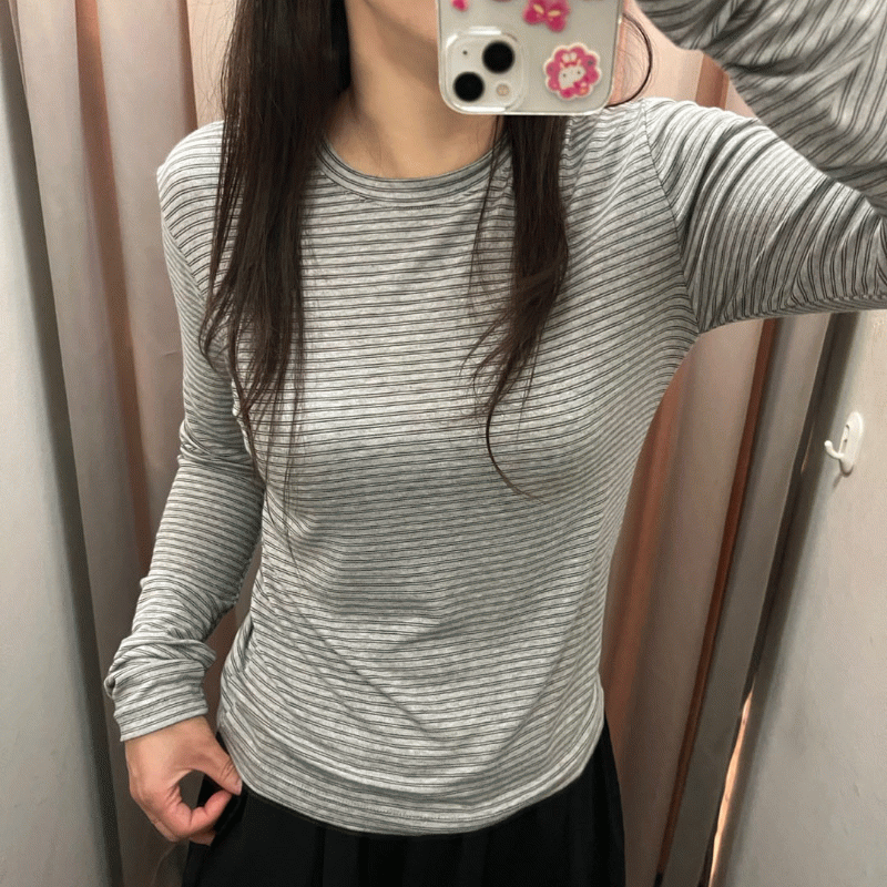 스테이데이 [주문폭주]슬림핏 단가라 긴팔 티셔츠