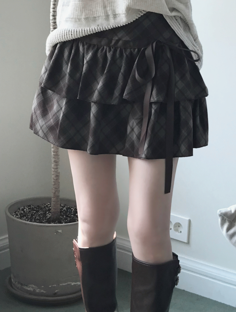 멜티드 Teddy Check Tiered Skirt (2colors)