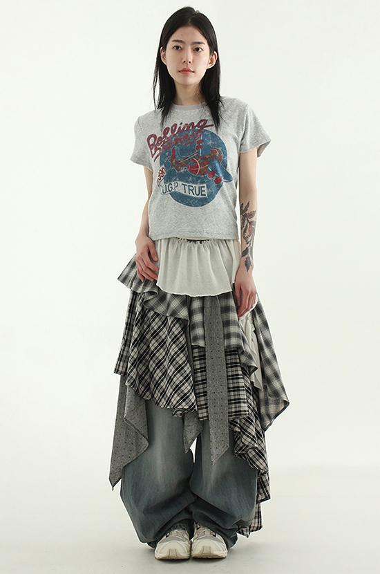 check layered unbal banding long skirt