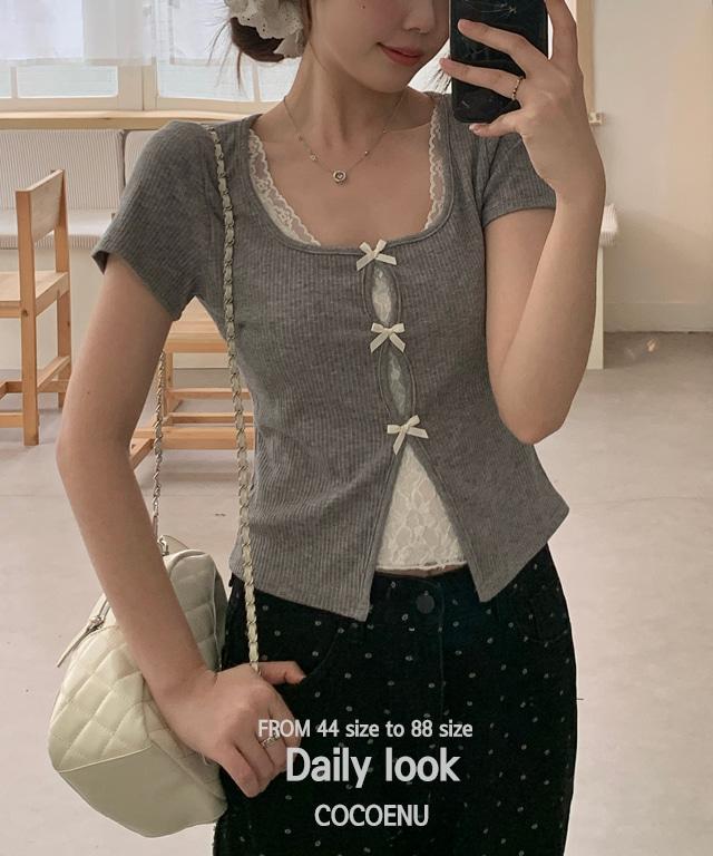 코코앤유 [빅사이즈] 반팔리본레이어드 (골지 셔링 레이스 여름 블라우스  발레코어)