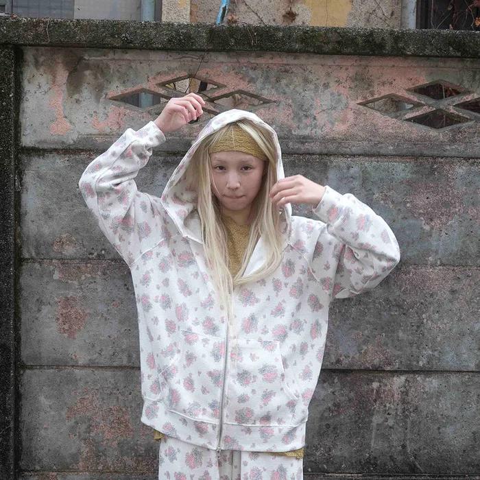 Flower Waffle Hoodie Zip up (ivory)