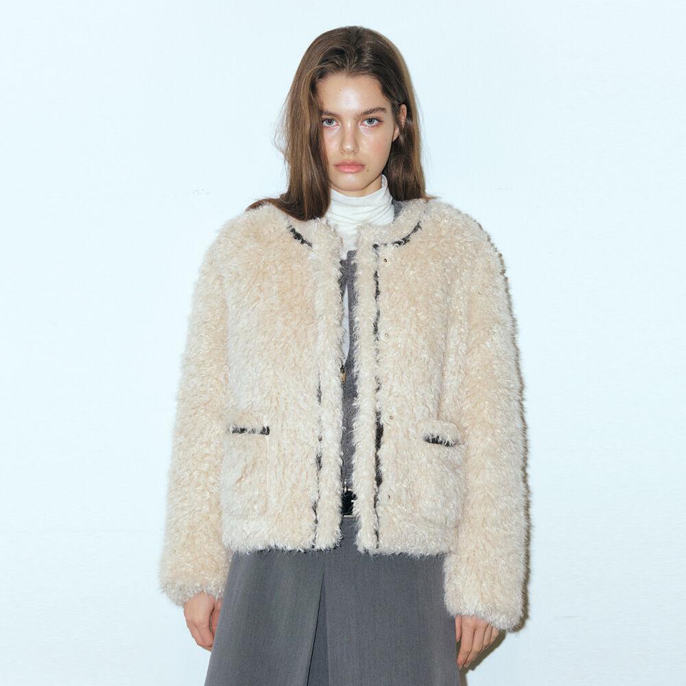 Trimmed Curling Fur Coat, Light Beige
