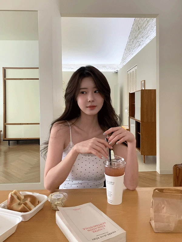 [예쁘고편해요][패드고정][4color] 비키 레이스 도트 브라탑가디건 레이어드 땡땡이 편한 패드 안빠지는 캡내장 캡나시