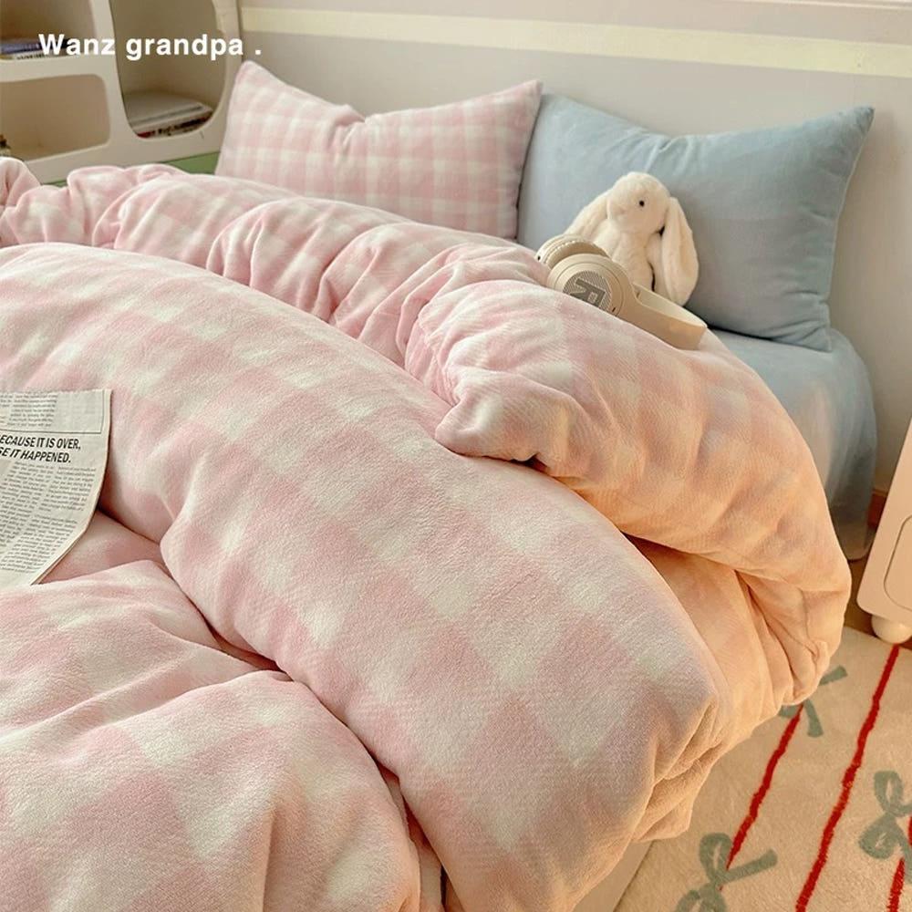 5colors 체크 극세사 이불 커버 세트 베개 매트리스 양면 싱글 더블 퀸 겨울 아이방