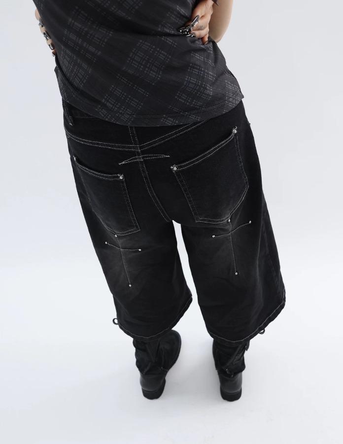 MEIYA FUZZYKON 워시드 펑크 크로스 스티치 크롭 데님 팬츠 (블랙)