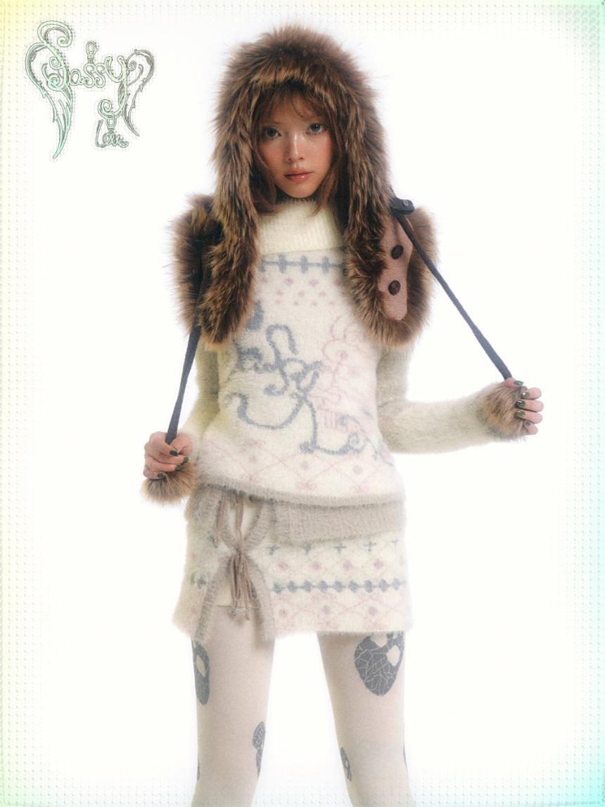 SassyLove Cream Print Mink Fur Shorts