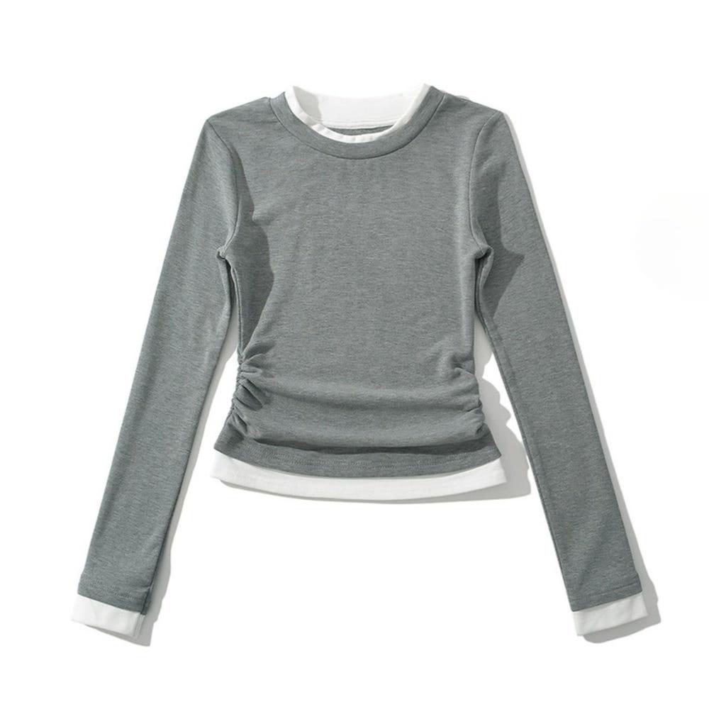 더블 레이어드 라운드 넥 긴팔 티셔츠 229668826