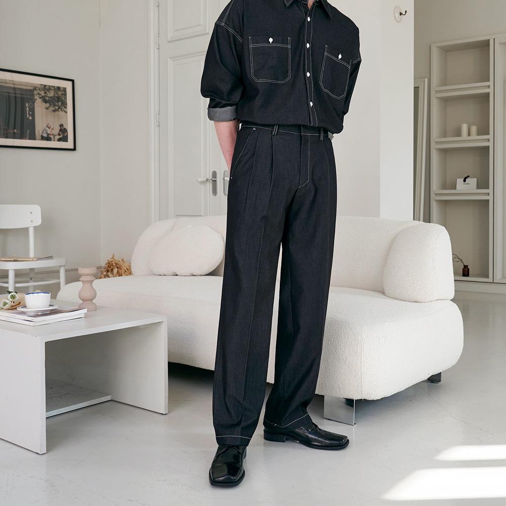 페이크 데님 투턱 와이드 팬츠