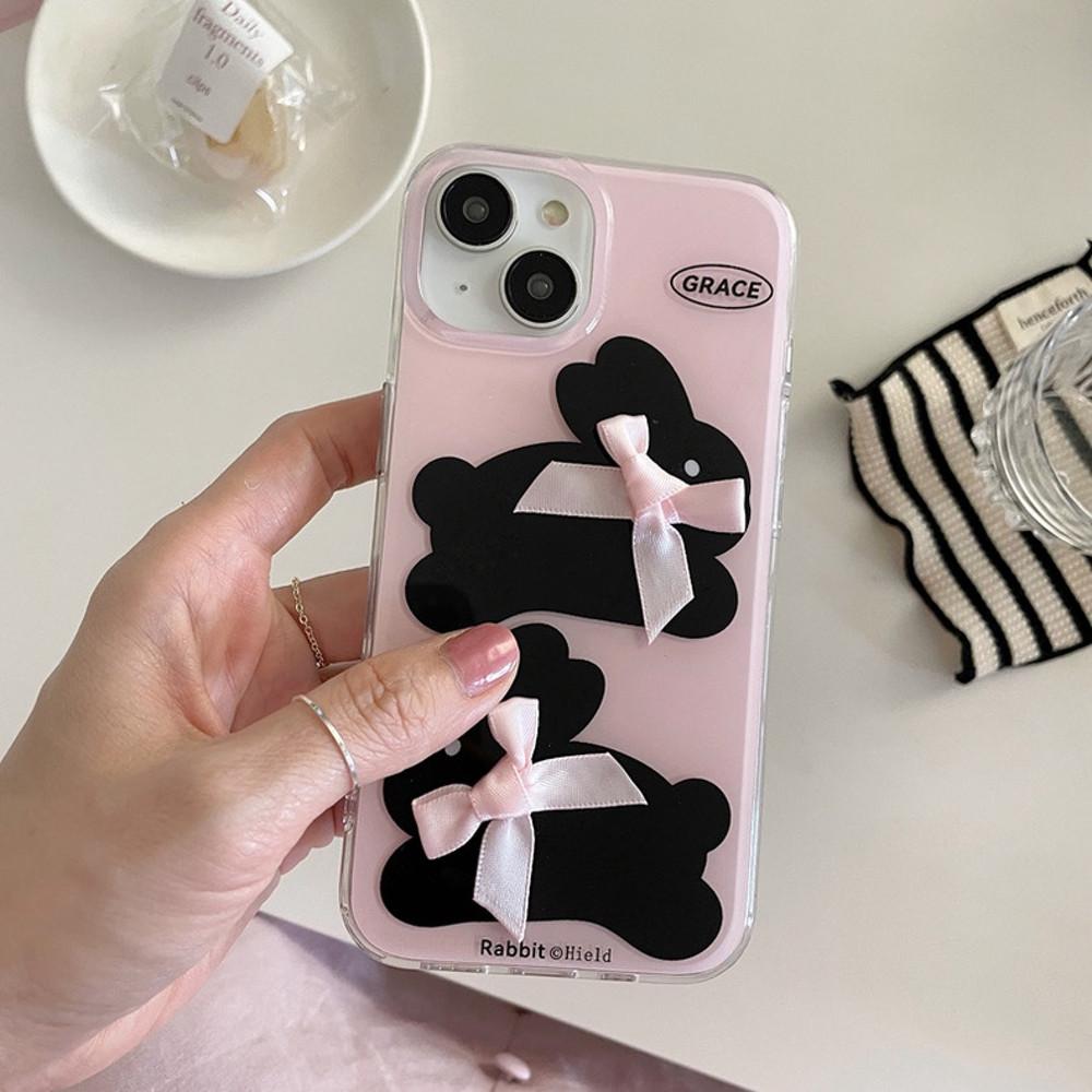 핑크 리본 블랙 래빗 토끼 아이폰 14 케이스 발레코어