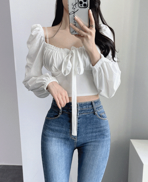 브이넥 크롭 퍼프소매 뒷밴딩 리본 블라우스 2color