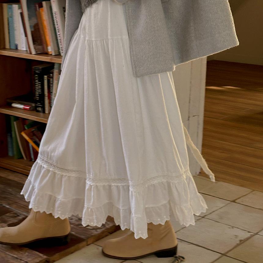 그레이스뮤즈 [무료배송][피치기모/울혼방]러디 프릴 겨울 밴딩 롱 스커트