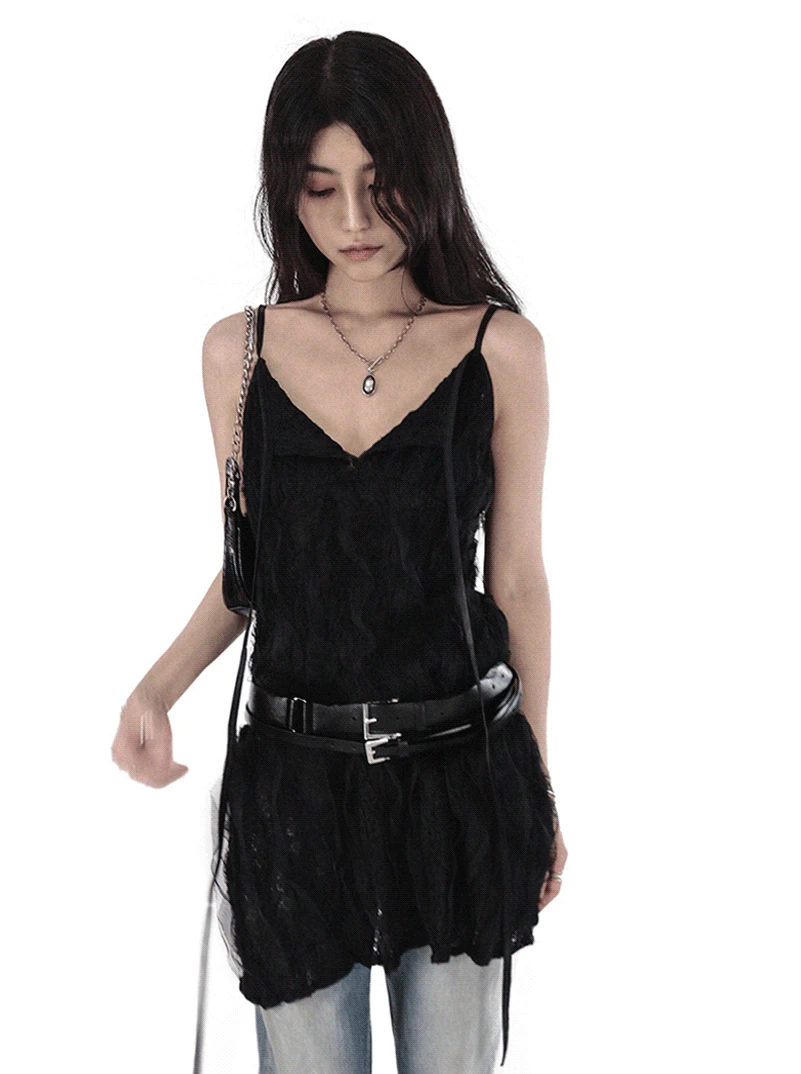 RU LAYERED LACE STRING ADJUSTABLE MINI-DRESS  루 링클 레이어드 레이스 끈조절 블라우스 미니원피스