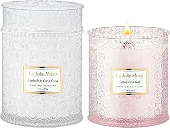 LA JOLIE MUSE Large Candles Set 2, Wood Wick Candle, Rose Noir & Oud, Gardenia & Ylang Ylang Candle, 90 Hours Long Burn Time Each, House Warming Gift New Home, Candles Gifts, Pink & White Candle Gift