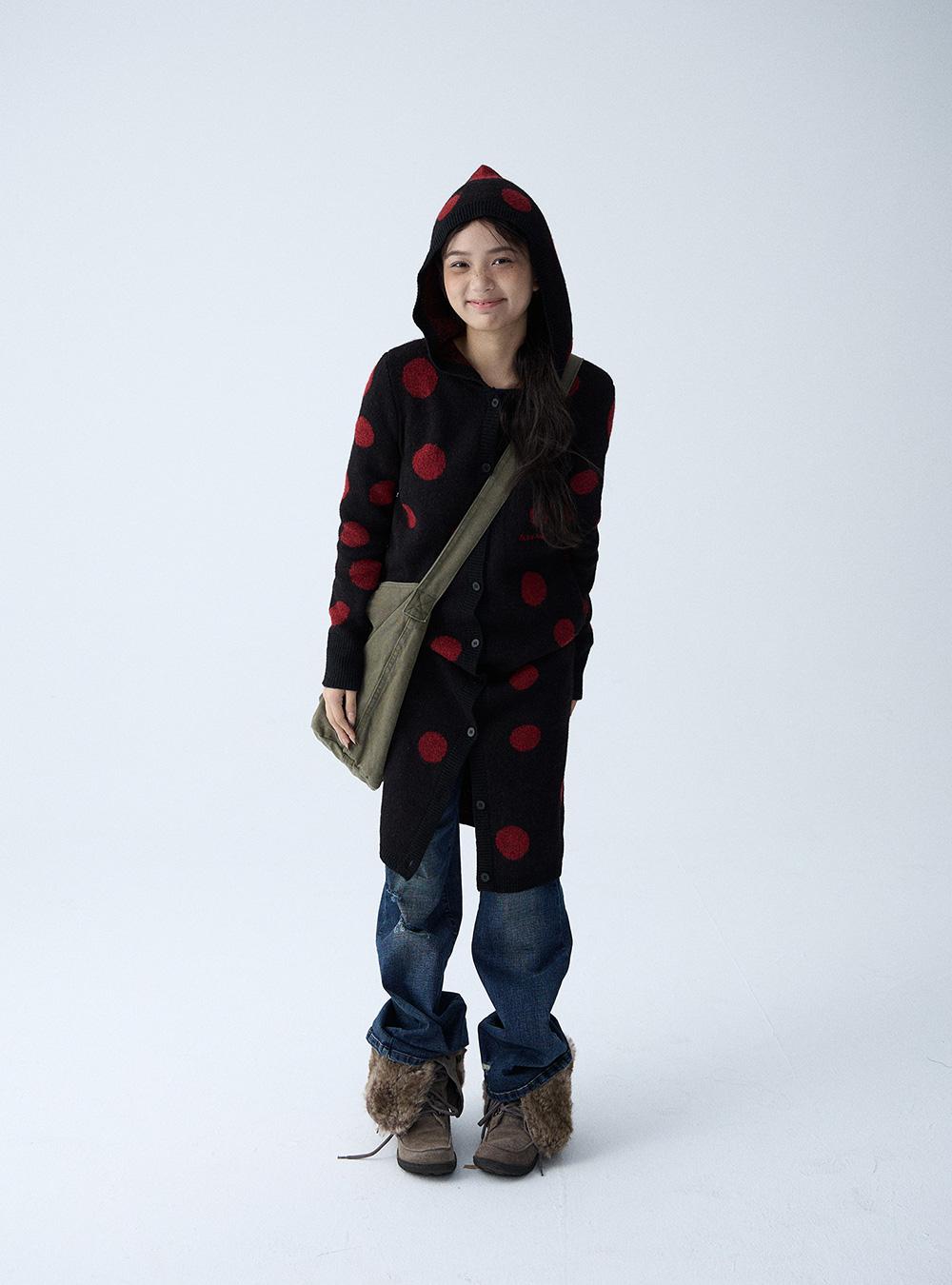 Red Moon Dot Hood Long Cardigan