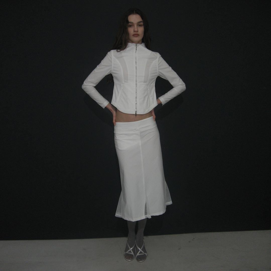 MESH LAYER GORED MIDI SKIRT_WHITE