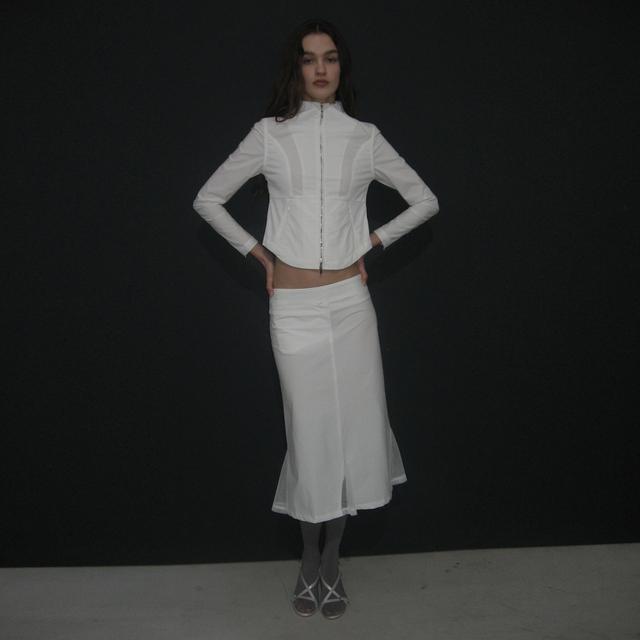 MESH LAYER GORED MIDI SKIRT_WHITE