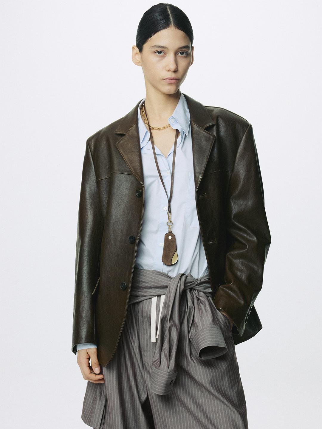 (W) VEGETABLE LAMB LEATHER BLAZER JACKET_ BROWN