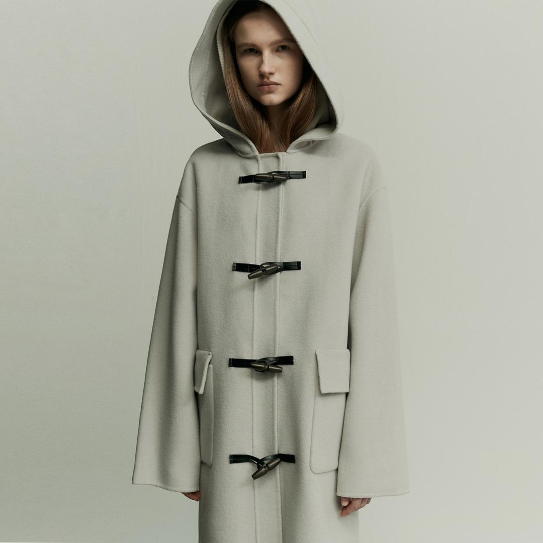 WOOL BLEND HOODED DUFFLE COAT FOG