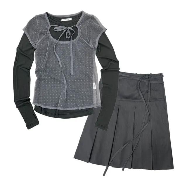 [SET] 3-WAY 도트 레이어드 롱슬리브 & 포멀 버튼 플리츠 미디 스커트 F24ZB071xZD871 [상의 차콜 2/13 예약배송]