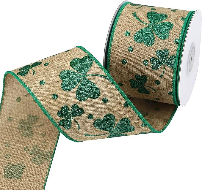 St Patrick's Day Ribbons 2.5" 10 Yards, Green Glitter Wired Edge Burlap Ribbon, Glitter Shamrock Ribbon, St Patrick's Day and Irish Festival Decor Gift Wrapping Wreath Party Decoration