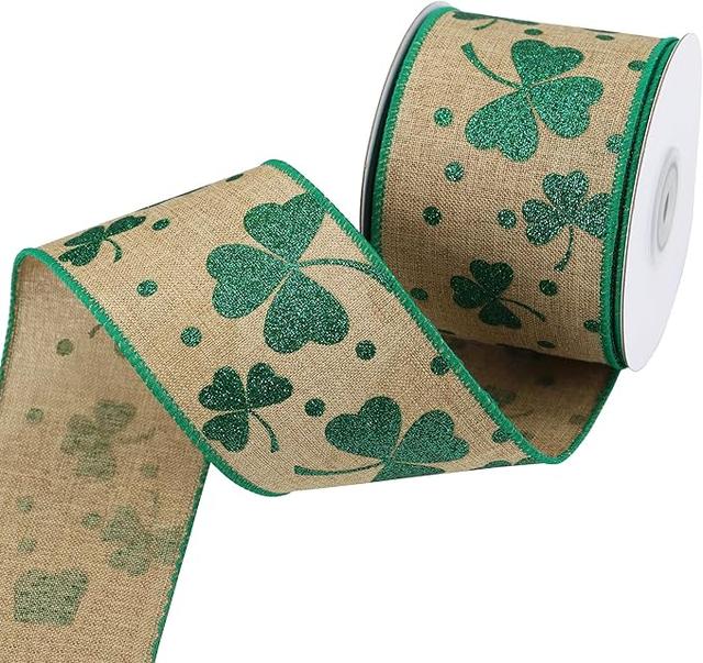 St Patrick's Day Ribbons 2.5" 10 Yards, Green Glitter Wired Edge Burlap Ribbon, Glitter Shamrock Ribbon, St Patrick's Day and Irish Festival Decor Gift Wrapping Wreath Party Decoration