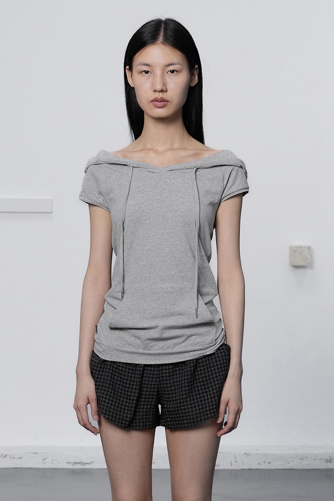 SWEAT HOODIE HALF TOP / GRAY