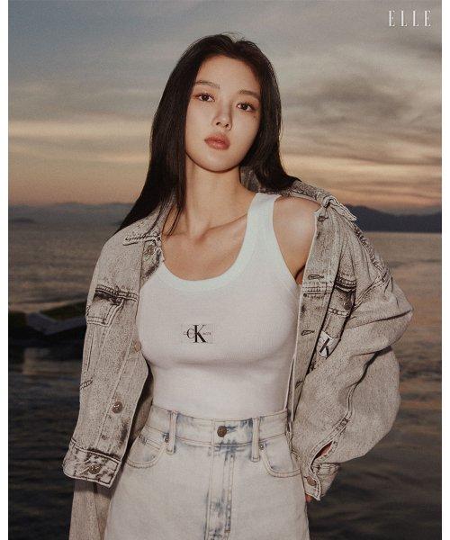 여 화이트 우븐 라벨 립 탱크 탑 J222566 YAF