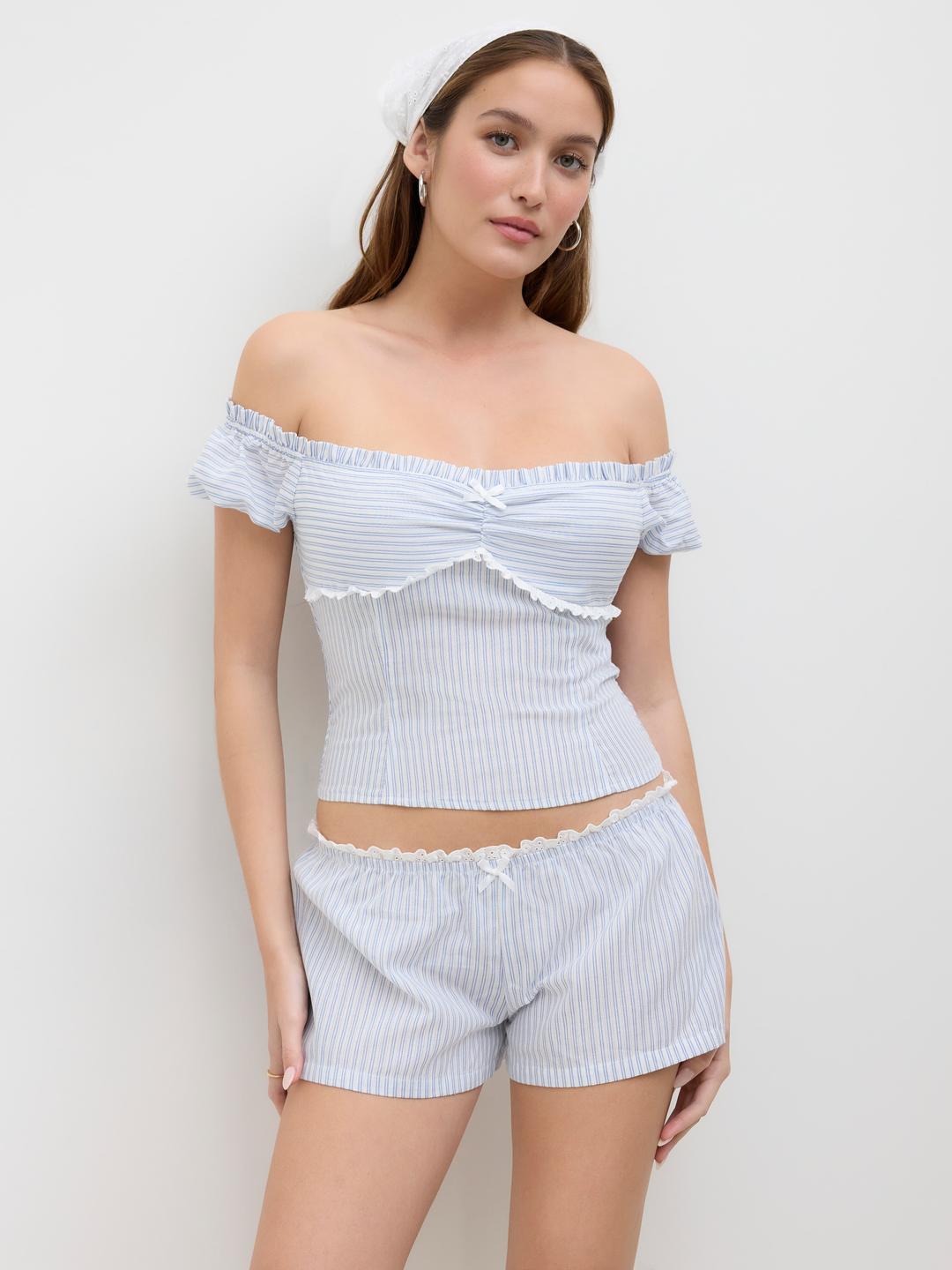 Cotton-blend Stripe Bowknot Top & Mid Rise Broderie Anglaise Trim Shorts Set