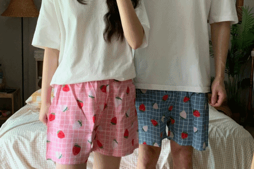 커플 체크 딸기 인견 아이스 냉장고 잠옷 반바지 2color