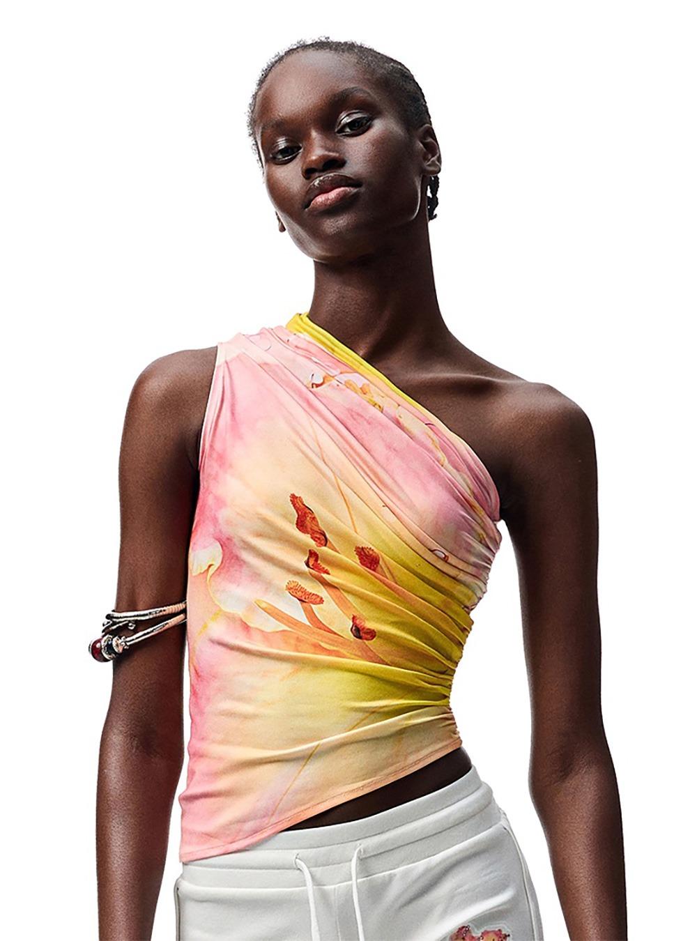Floral Shirring One-Shoulder Top (2color)