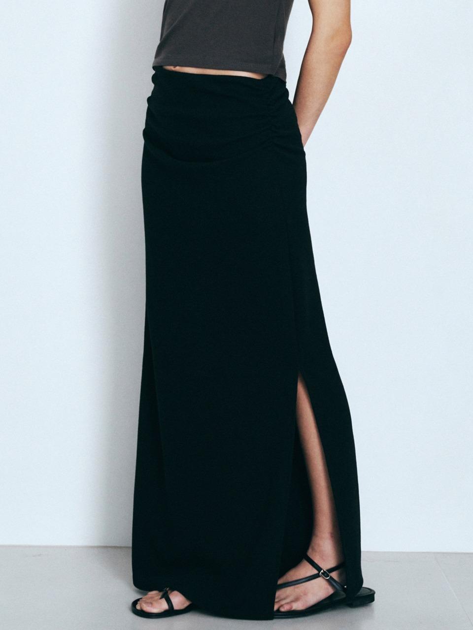 [7/24순차출고] Double Shirring Slit Long Skirt (Black)