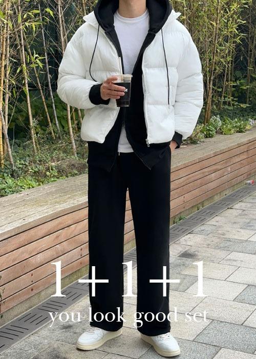 [1+1+1] 엠지 세미 크롭 숏패딩 + 러너 기모 후드집업 + 러너 기모 와이드 팬츠 세트