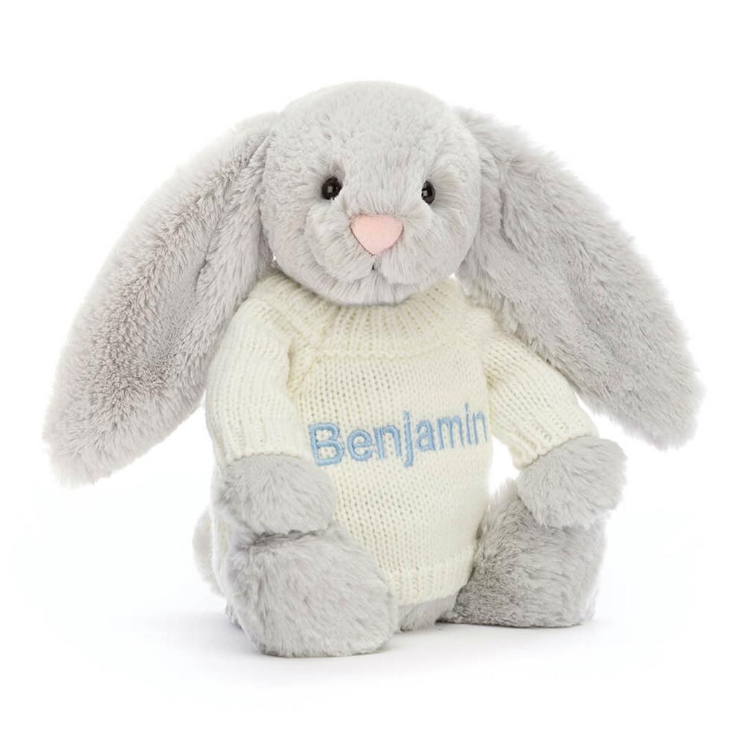 Bashful Silver Bunny with Personalised Cream Jumper
