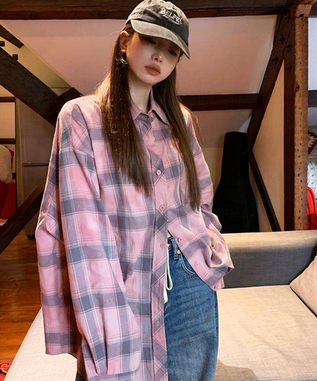 에이치 오버핏 핑크 체크 셔츠