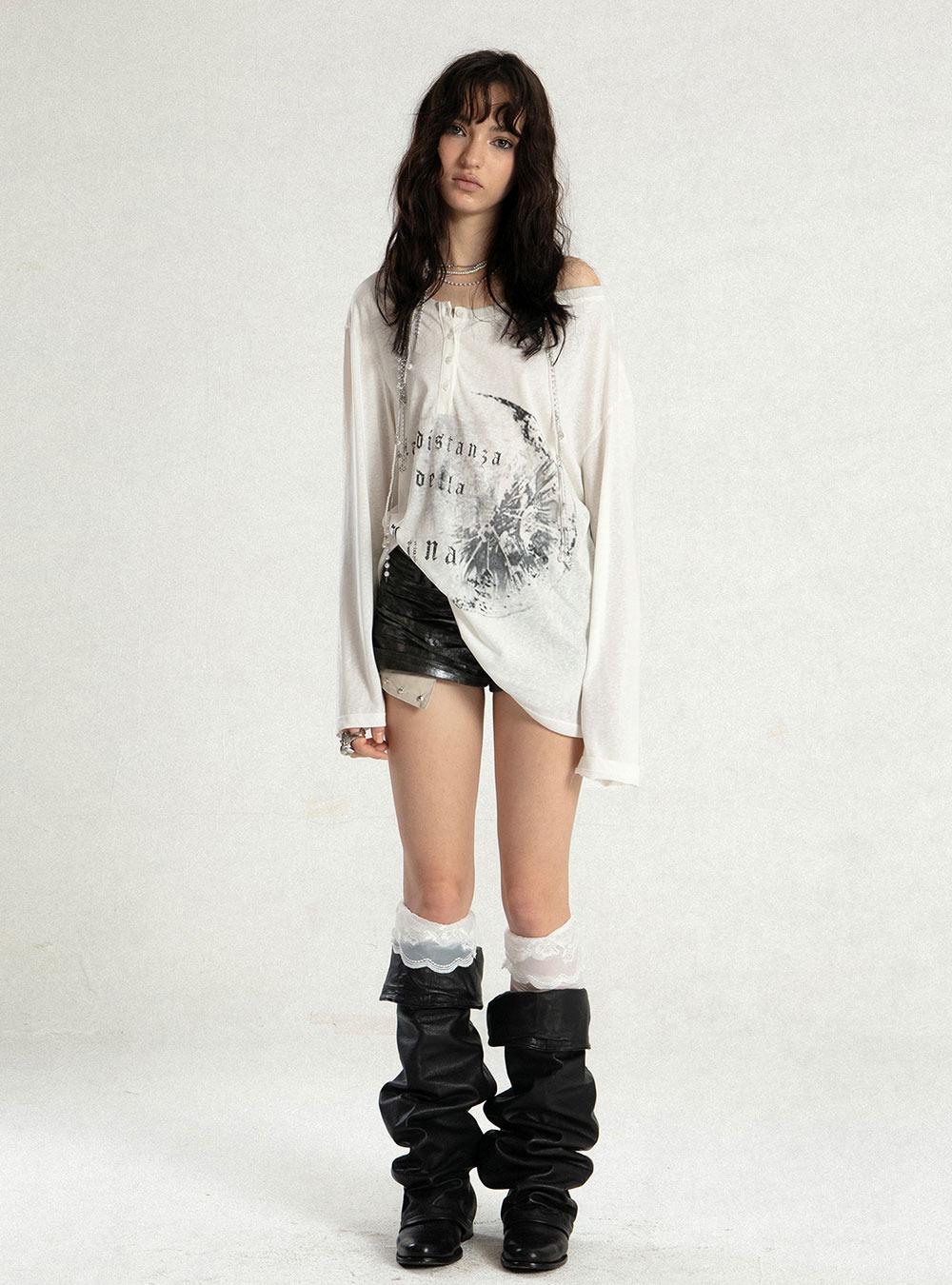 Asymmetric Micro Transparent Print Lazy Long Sleeve T-Shirt