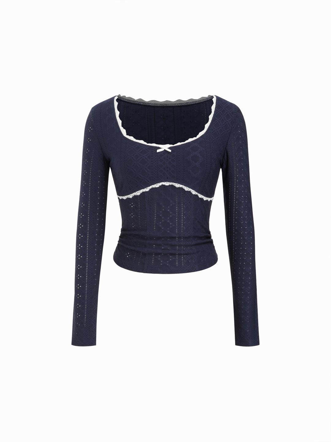 Jacquard Square Neck Lace Panel Bowknot Top