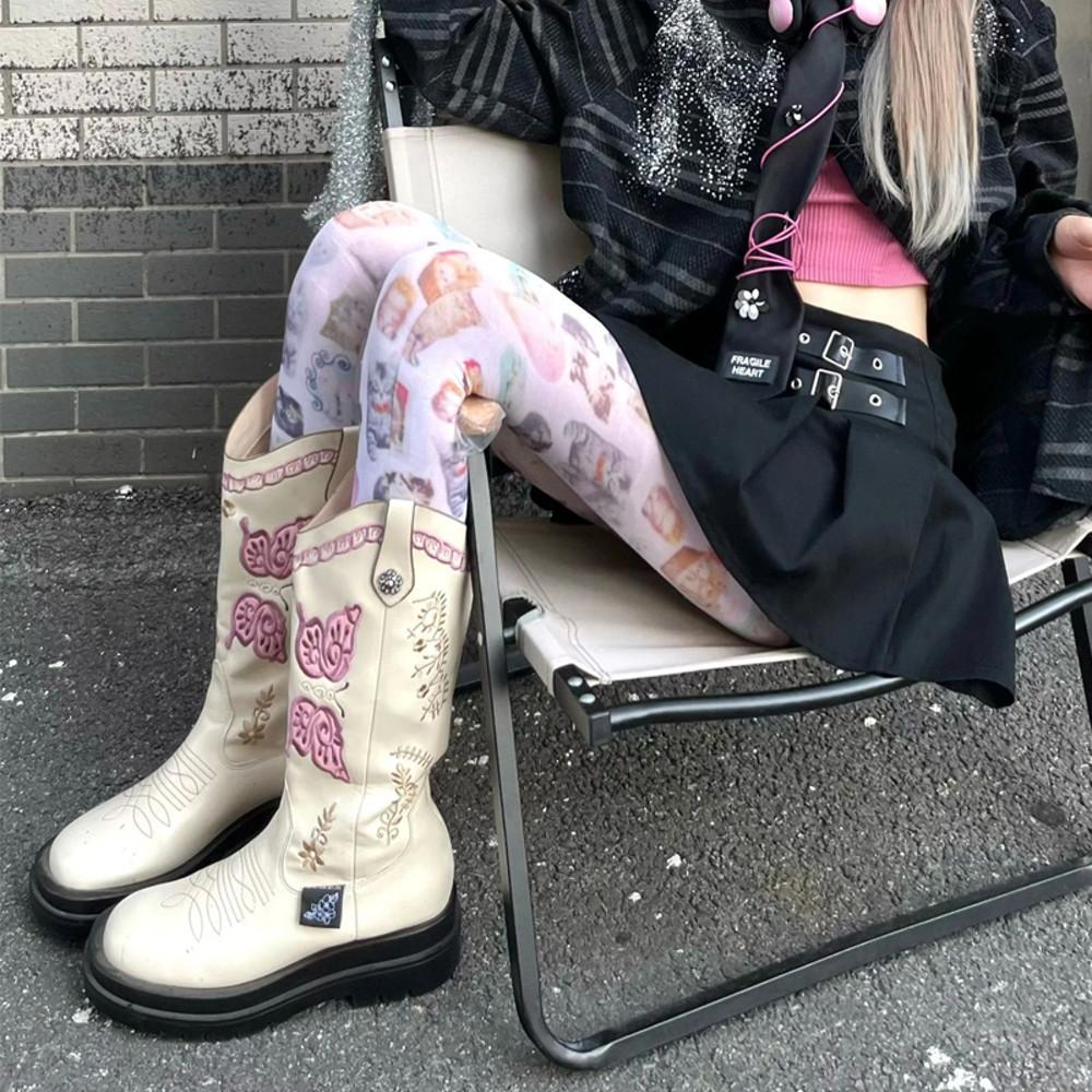 웨스턴 부츠 나비 자수 아이보리 카멜 화이트 미들 부츠 y2k부츠