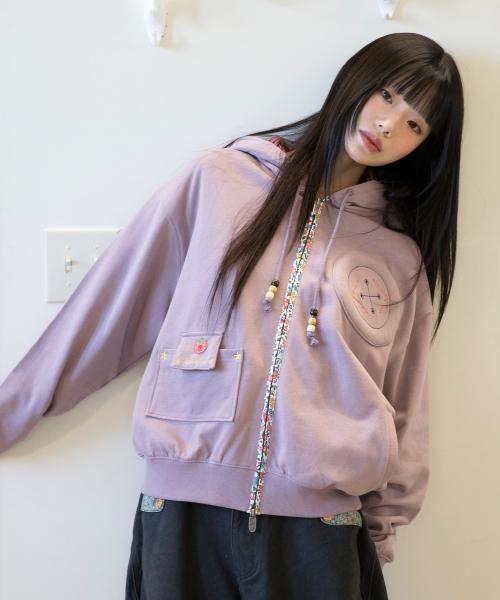 WXJ041 히비키 꽃무늬 배색 후드 집업 (PURPLE)