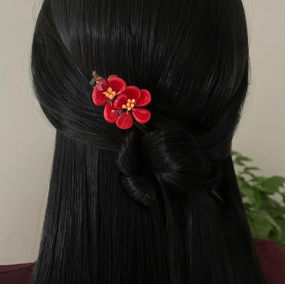 한복뒤꽂이 매화꽃 장식 올림머리비녀 일자 흑단나무 혼주소품 긴머리장신구