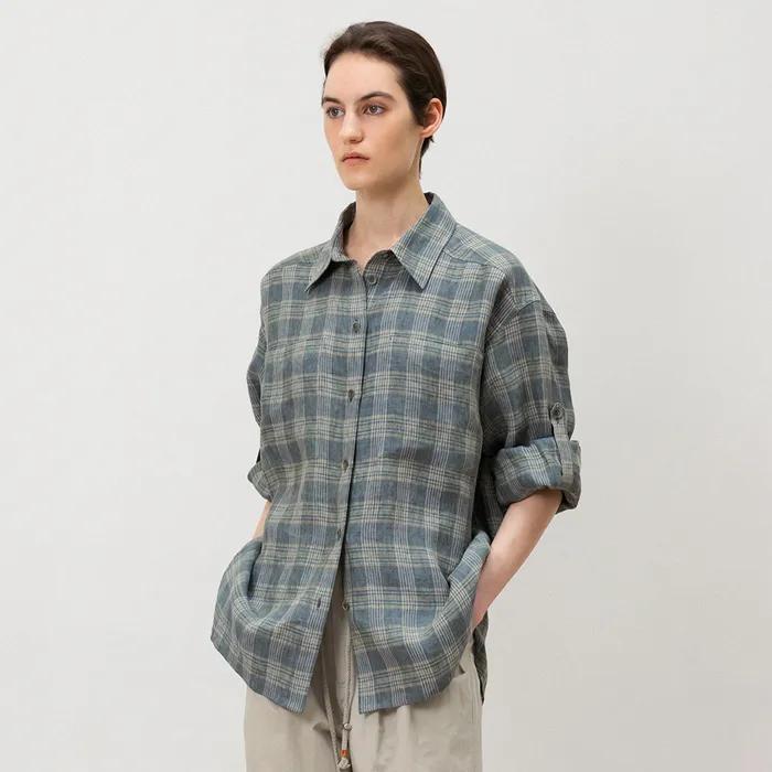 Linen Check Roll-up Shirt in Green