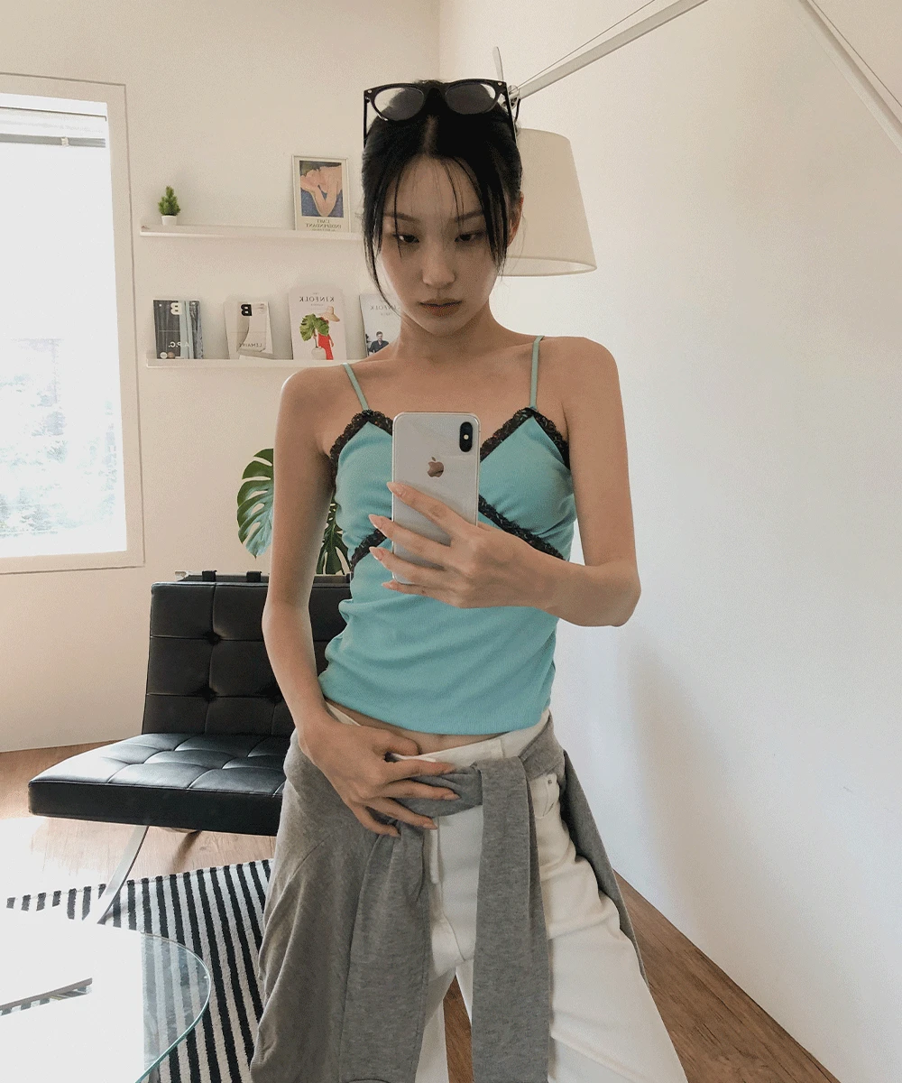 롬브 플라워 배색 레이스 골지 나시