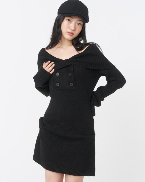 double button knit one piece BLACK