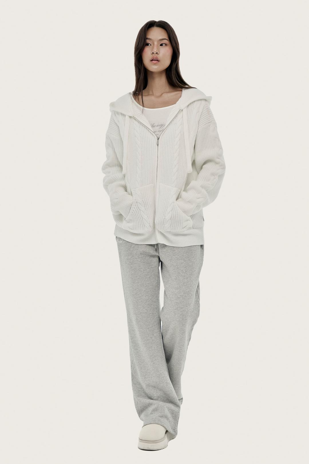 Meringue cable hooded zip-up, White