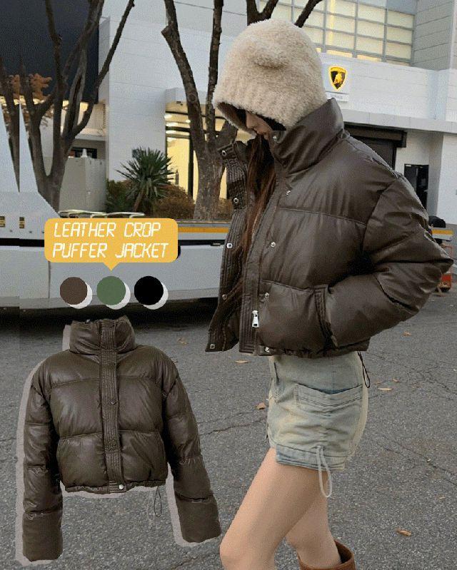 *3일특가* 무드 스트링 무광 레더 크롭 숏패딩 - 점퍼 자켓 가죽 레자 라이더 하이넥 방한