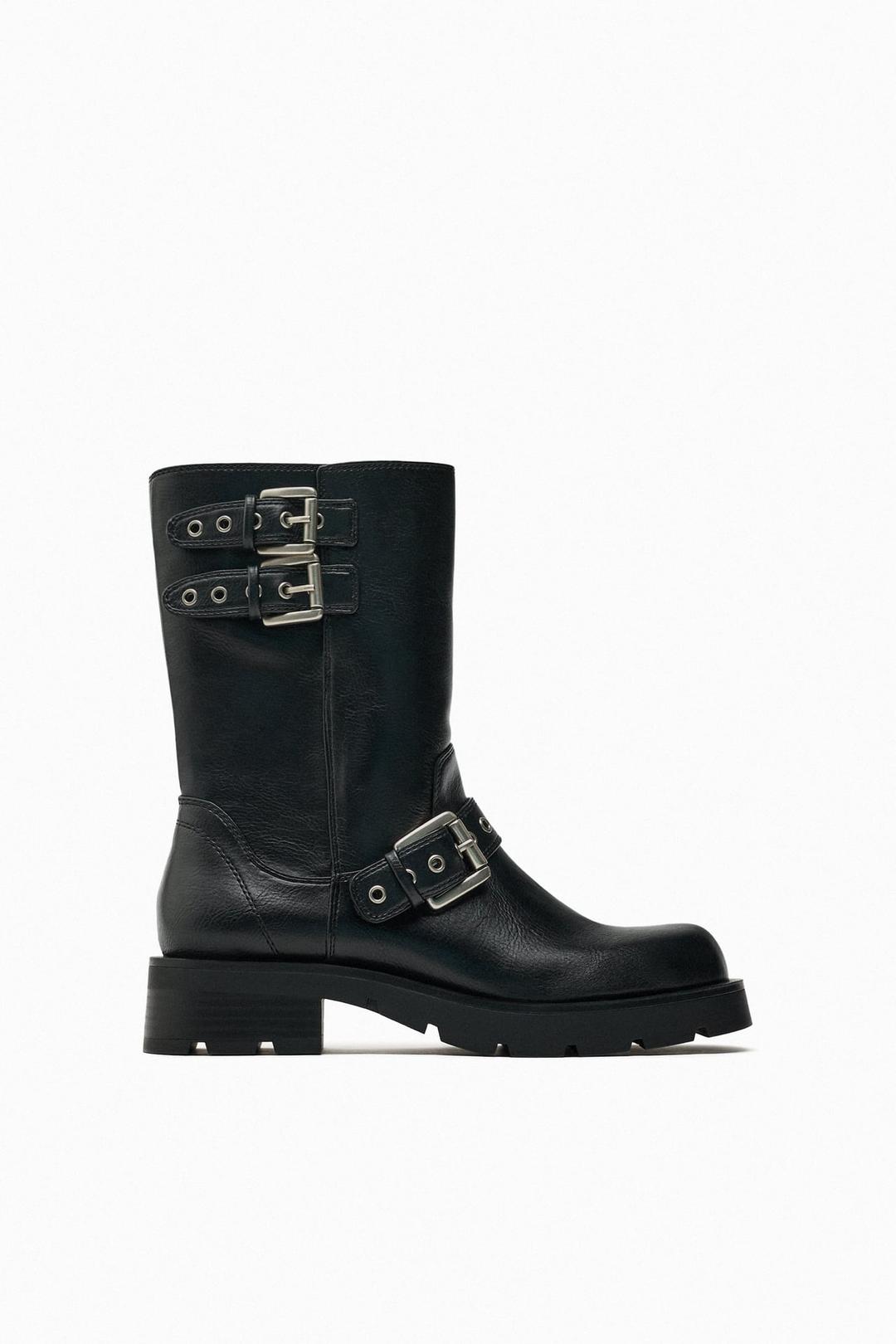 자라 버클 플랫 바이커 앵클 부츠 1128/210 BLACK