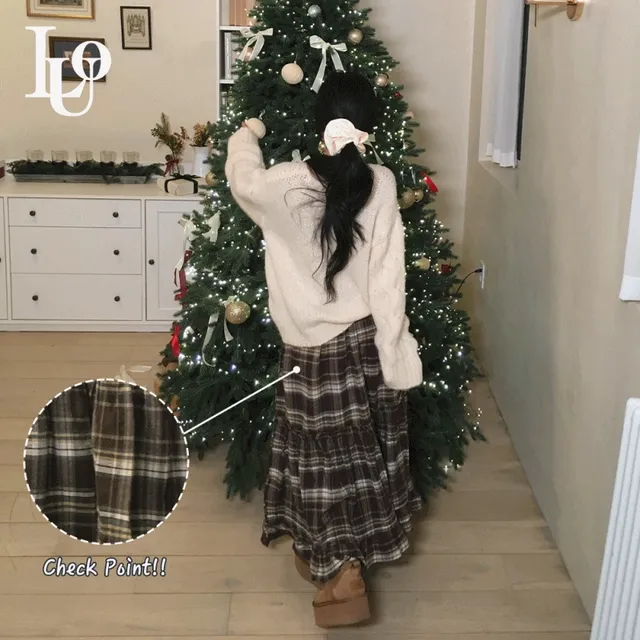 [핏,퀄보장🎁/어그코디🧸] 겉기모 체크 프릴 캉캉 롱 밴딩 플레어 스커트 (연말,크리스마스,데일리템,데이트,교복템,어그코디룩)