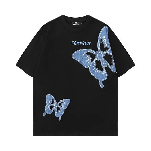가바바 남녀공용 파란 나비 패치 오버핏 반팔 티셔츠 G76881 (빅사이즈 S~XL)