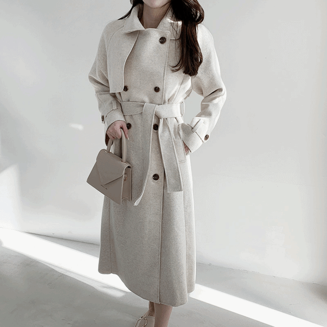 울 핸드메이드 더블 버튼 케이프 벨트 코트