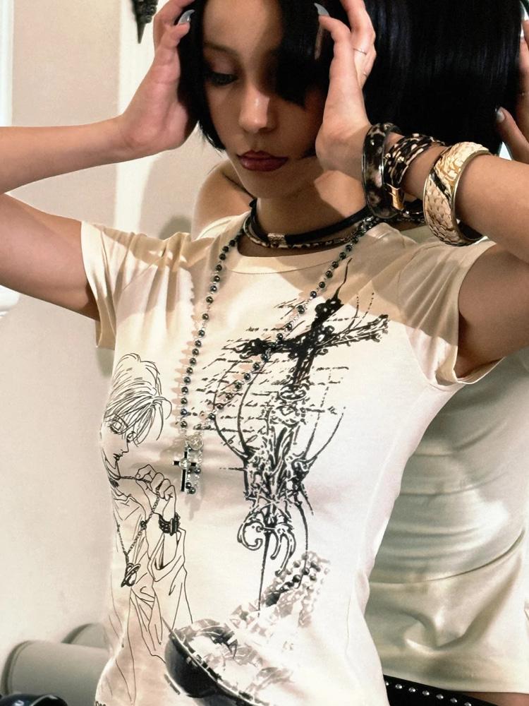 DSM Comic Print Cross Elastic Short Sleeve T-shirts